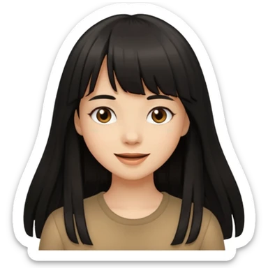 Pale brown girl with long black hair with bangs, happy sticker
