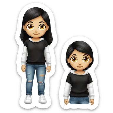 Niña pequeña de pelo corto rizado ojos cafés color de piel blanca pantalon de mezclilla ancho pullover negro y zapatillas negras  sticker