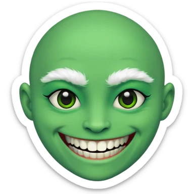 A bald person with bright green sclera and bright green teeth, grinning widely. Has fluffy black neck fur, with a fluffy black body sticker