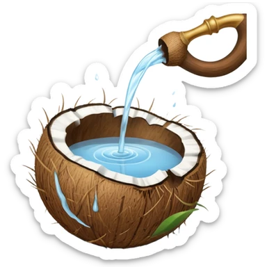 A coconut with water being poured over it. Simple line art, minimal composition showing the ritual offering. sticker