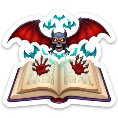 Icon for Horror & Mystery Reading: an open book with eerie glowing symbols, from which rise vampire Dracula with fangs, flying bats, a zombie hands, skulls. Surrounding elements. Transparent background. sticker