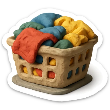 laundry basket filled with colorful clothes, visible fingerprints, soft lighting, claymation style sticker