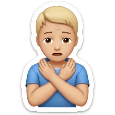 Person crying with crossed arms holding neck sticker