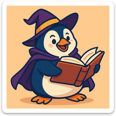 playful style chubby penguin with a wizard hat and cloak, holding an open spellbook sticker