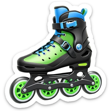 An icon showing a close-up of inline rollerblades resting on smooth asphalt in a park. The background features trees, grass, and a clear sky, with the vibrant green landscape creating a serene outdoor vibe. The skates' wheels are highlighted against the pavement. Transparent background  sticker