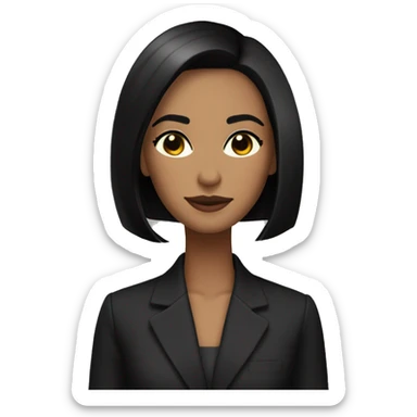 straight, dark shoulder-length hair styled in a sleek bob, brown eyes with prominent eyelashes,. Her attire includes a dark blazer over a black top sticker