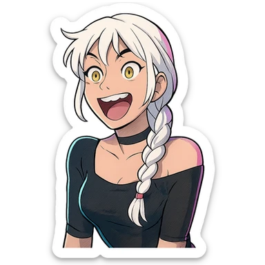 she making a emphatically happy excited facial expression, a closeup portrait of young woman with gold yellow eyes, white hair, long braid, black off-shoulder top d-cup, punk gothic style, futuristic cyberwave cyberpunk, sitting position sticker