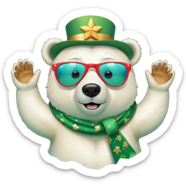 friendly anthropomorphised polar bear wearing oversized colorful star glasses and festive St. Patrick's Day outfit, swimming with joyful expression sticker
