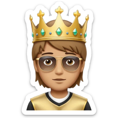 Un niño con cabello lacio no muy largo color marrón castaño,ojos marrones,piel no muy blanca, que tenga lentes de sol color negro,reloj en la mano derecha y una corona como sombrero sticker