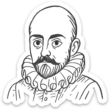 a hand drawn black outline portrait of philosopher Montaigne with similar-sized eyes based a famous portrait of him sticker