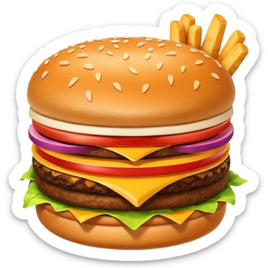 A clean and simple icon of fast food in emoji-style illustration. A burger with fries, naggets and shaverma, bright and bold colors, simple shapes, flat design, high contrast, inviting and appetizing. sticker