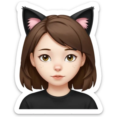 a girl with pale skin, medium length brown hair with lots of dandruff , cat ears and a tail, with a black t-shirt on sticker