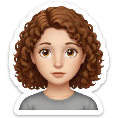 Curly chin length brown hair, freckles on face, hazel eyes, small nose, middle part, round face, girl  sticker
