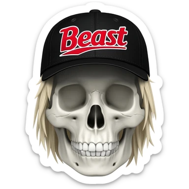 A skullhead thats wearing a black baseball cap with the words "Beast" in red and white with blonde hair sticker