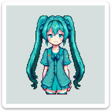 Hatsune Miku with teal twin-tails, anime character in pixel art style sticker
