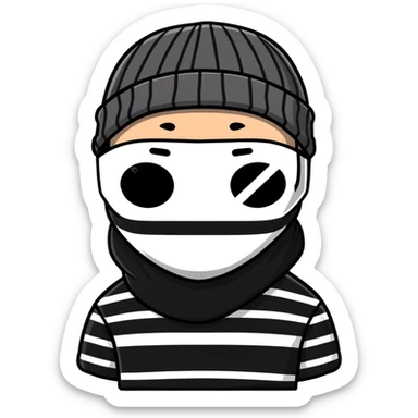 character with black and white striped shirt, black beanie, black mask over eyes sticker