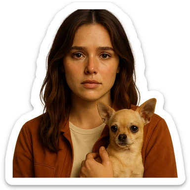 Portrait for Instagram profile inspired by the facial features visible in the reference images, with a tanned complexion, subtle freckles, wearing a shirt colored #FFF8CA and a rust-colored jacket, mid-length brown hair with auburn highlights, a melancholic and vulnerable expression, holding a beige-brown chihuahua, in the style of a Netflix series, transparent background, intimate Tenerife ambiance. sticker