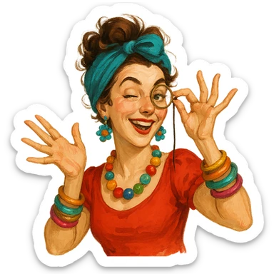 a whimsical woman with a monocle, playful pose, colorful accessories, portrait, no background sticker