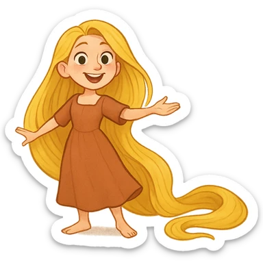 a girl with very long golden hair inspired by Rapunzel, wearing a simple dress, cheerful expression sticker