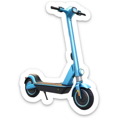 An icon featuring a sleek electric scooter parked on a scenic path. The background showcases a vibrant city park with green trees, flowers, and a clear blue sky. The sun sets in the distance, casting a warm golden glow on the landscape. Transparent background sticker