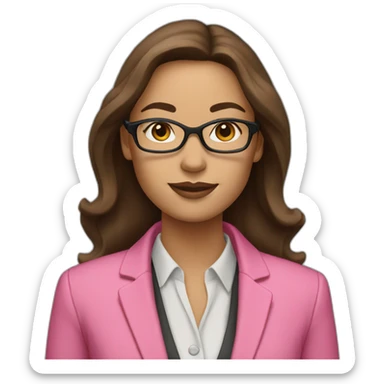 Woman with glasses and long brown hair dressed with a pink blazer sticker