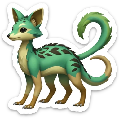  Greenish beautiful handsome gorgeous aesthetic colorful vibrant Vernid-Trico-species-Fakemon-creature by LiLaiRa, 4 legs, 1 tail, random markings, (full body) sticker