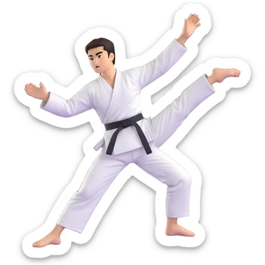 Taekwondo fighter executing a precise side kick, balanced stance, traditional uniform, black belt sticker