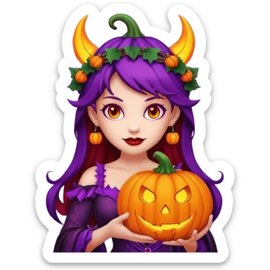 female-succubus-emoji,-red-skin,-purple-eyes,-elegant-face,-pumpkin-wreath-on-head,-with,-holding-small-glowing-pumpkin-lantern,-halloween-fantasy sticker