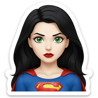 Black haired woman, green eyes, black lipstick, white skin, black t shirt, sharp face, long hair, feminine, Devine, superman logo on t shirt sticker
