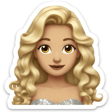 Gorgeous blonde woman, brown eyes, long wavy hair with bows, wearing a sparkly gown sticker