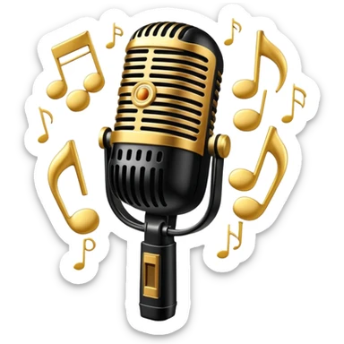 Vintage 1950s microphone with glowing jazz notes around it, emoji style, glossy finish, black and gold color palette
 sticker