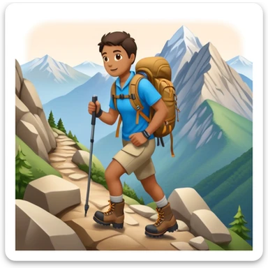 person hiking down one mountain and up another mountain sticker