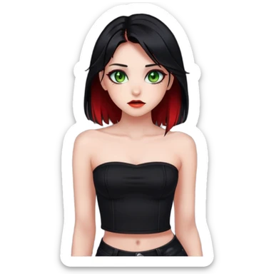 Girl. Green hazel eyes. Black hair with red e-girl highlights and red perk-a-boo underlights. Medium long hair. black strapless crop top. Skinny face. sticker