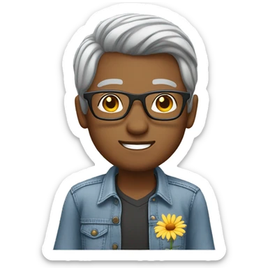 Teacher sitting at desk with a laptop shoulder length grey hair wearing glasses jeans and a flower shirt sticker