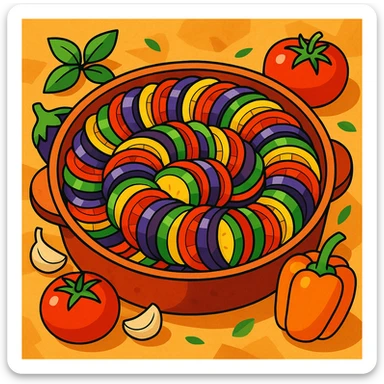 ratatouille food, vibrant vegetables, rustic French dish, colorful, appetizing, in a round baking dish sticker