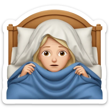 A 55-year-old woman lying in bed, unable to sleep. She looks exhausted and desperate, with visible dark circles under her eyes, tired facial expression. She is under the blankets, staring at the ceiling.  sticker