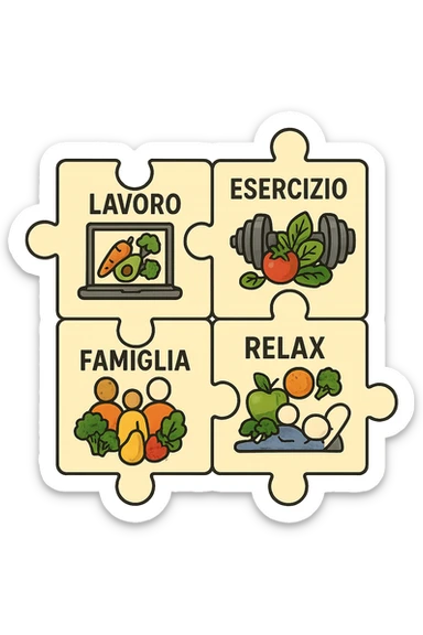 Puzzle (Lavoro, Esercizio, Famiglia, Relax), in lavoro metti icona di un PC, in Esercizio un Manubrio, in Famiglia una famiglia, in Relax qualcuno che riposa and healthy foods are integrated into each piece. in italiano sticker