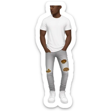 man fullbody, white t-shirt, white air force one low shoes, amiri grey jean front view sticker