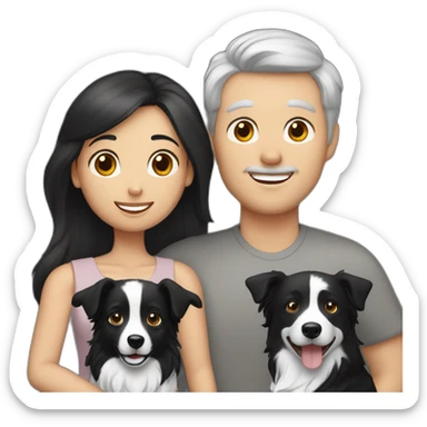 Family formed by a White man and a White woman with long black hair and a small black border collie dog sticker