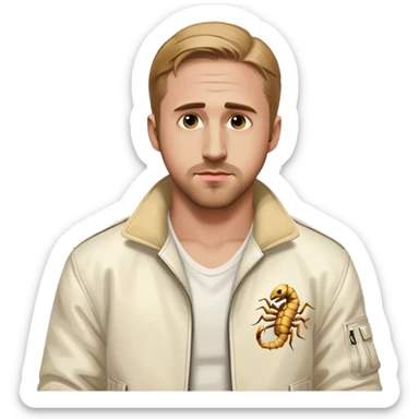 ryan gosling from drive (2011) with his iconic scorpion white jacket looking b sticker