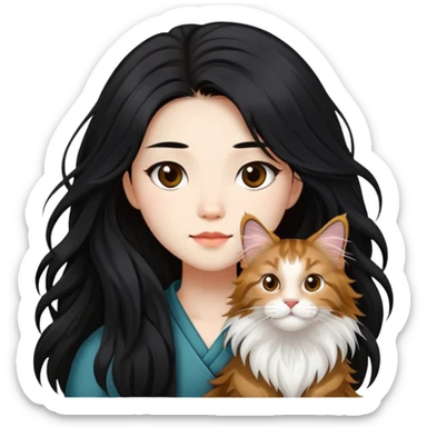 a  Chinese girl with  long hair and a Maine coon sticker