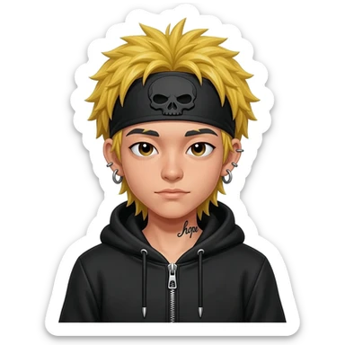 boy japan spiky long hair yello black hoodie zip skullcap wear piercings tatto "hope" sticker