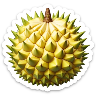 Cinematic Realistic Durian Fruit Dish Emoji, depicted as the notorious spiky fruit with a rich, custardy interior rendered with lifelike detail and bold, distinctive lighting. sticker