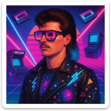 retro-futuristic 80s man with mullet hairstyle with neon blue ends, airbrushed sunglasses with pink to violet gradient and palm/sunset reflection, leather jacket with lightning, cosmic, and Memphis Design elements, neon gradient background with perspective grid, laser beams, cassettes, arcade games, Commodore 64, electric blue, fuchsia, turquoise, ultraviolet colors sticker