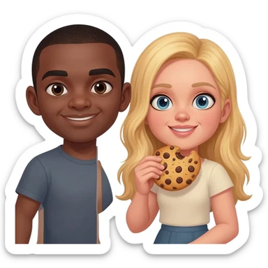 Black man with shaved head eating cookies with blonde woman sticker