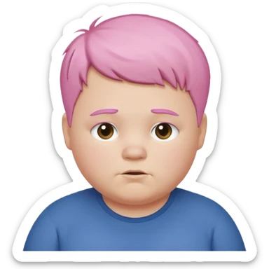 un nene blanco rellenito con pelo corto rosa,  con la sonrisa para abajo como edta ☹️ pero no enojado, la sonrisa caida las puntas para abajo como esta sonrisa ☹️ la sonrisa asi pero los OJOS mas felices, con las cejas color marron claritas sticker