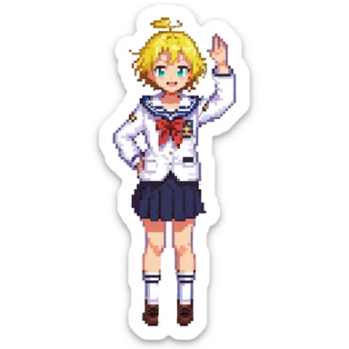 Pixel art anime girl with short bright yellow hair wearing Japanese sailor style school uniform, composed posture with hand on hip but energetically waving with other hand, excited smile and happy eyes sticker