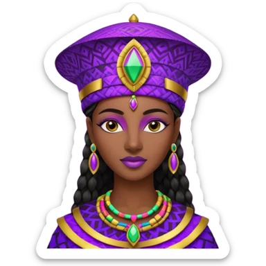 Create me an emoji of a beautiful Ethiopian Queen of Sheba wearing a neon purple gradient African patterns with metallic "isicholo" (a Zulu-inspired hat).  sticker