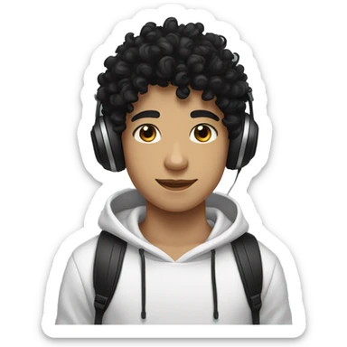 super curly black hair, white skin teen boy, black hoodie, headphones on neck  sticker