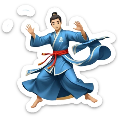 Emblem symbolizing Wushu martial arts. A graceful martial artist performs a dynamic kung fu pose, with flowing movements and a long, elegant robe. The background features stylized clouds and traditional Chinese symbols, representing fluidity, balance, and precision. Transparent background. sticker